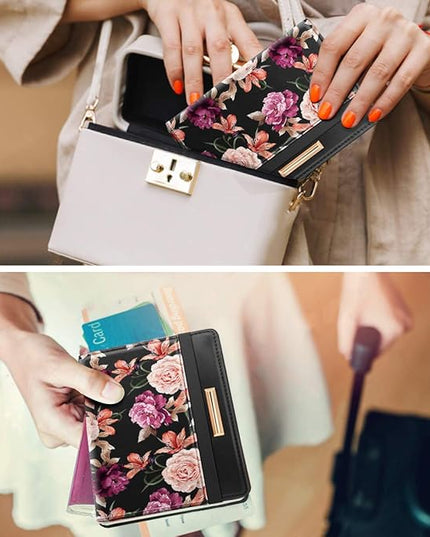 Passport Holder Cover Travel RFID Blocking Passport Cover Rose Gold Cute Flowers Passport Wallet with Elastic Band for Women