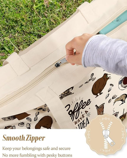 Large Tote Bag for Women - Canvas Tote Bag with Zipper Aesthetic Reusable Shoulder Bag for Gym, Travel, Work