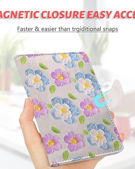 Passport Holder, Travel Wallet Cover with Pen Loop | Cute RFID Blocking Leather Case with Magnetic Closure for Travel Essentials-Flower