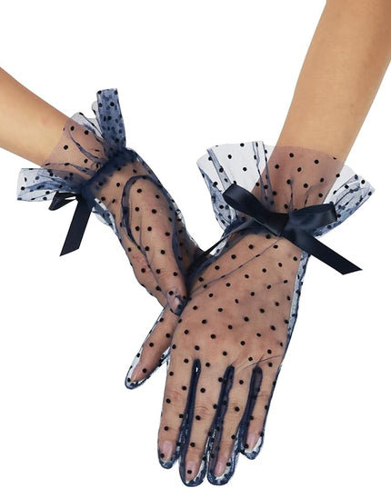 Women's Short Lace Gloves with Bow Ruffles Lace Tea Party Gloves for Wedding Costume Evening Dinner Party