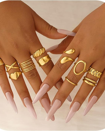 YOOSTEEL Valentines Day Gifts for Her Womens Chunky Gold Rings - 12 PCS Hypoallergenic 14K Gold Plated Thick Stackable Open Rings for Women Non Tarnish Dainty Gold Adjustable Ring Stack Set Trendy Jewelry