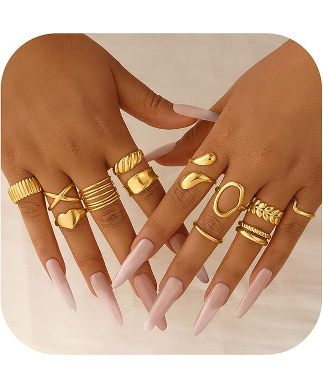 YOOSTEEL Valentines Day Gifts for Her Womens Chunky Gold Rings - 12 PCS Hypoallergenic 14K Gold Plated Thick Stackable Open Rings for Women Non Tarnish Dainty Gold Adjustable Ring Stack Set Trendy Jewelry