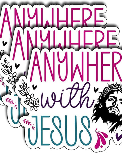(3Pcs) Anywhere with Jesus Stickers Christian Inspirational Bible Verse Quote Religious Scripture Prayer Gifts Waterproof Vinyl Decal Kindle Water Bottle Bumper Car Hard Hat Phone Laptop - 3x2.5
