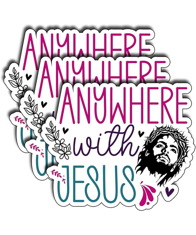 (3Pcs) Anywhere with Jesus Stickers Christian Inspirational Bible Verse Quote Religious Scripture Prayer Gifts Waterproof Vinyl Decal Kindle Water Bottle Bumper Car Hard Hat Phone Laptop - 3x2.5