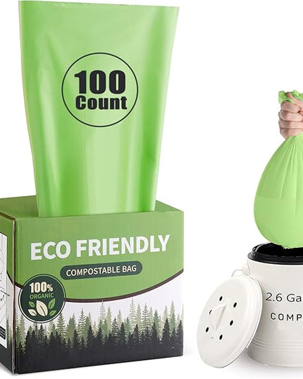 Compostable Trash Bags 2.6 Gallon 100 Counts Compost Small Garbage Bag for Kitchen Bathroom BPI Certified, Green
