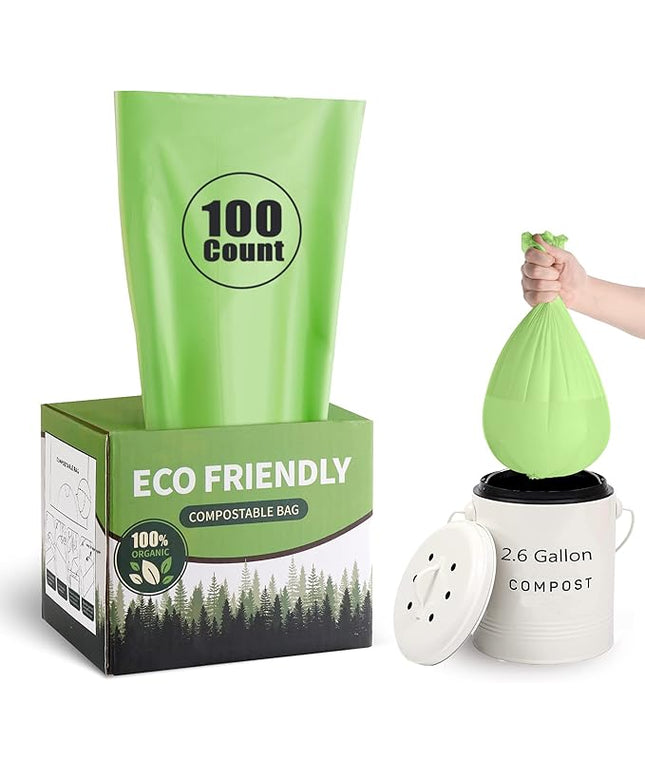 Compostable Trash Bags 2.6 Gallon 100 Counts Compost Small Garbage Bag for Kitchen Bathroom BPI Certified, Green