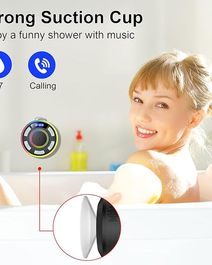Shower Bluetooth Speaker IPX7 Waterproof, Portable Bluetooth Speakers with Suction Cup and Time Display, Crystal Sound&Bass LED Light 1100mAh, Wireless Shower Speaker for Outdoor/Kayak/ Light Cyan