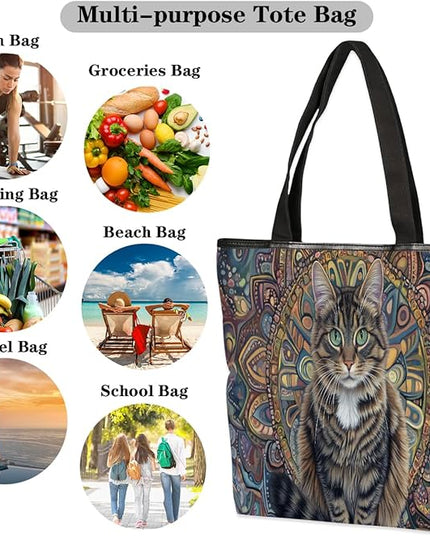 Pardick Canvas Tote Bags, Bohemian Cats Tote Bag Eco Friendly Reusable Grocery Shopping Bagsfor Beach, Books, Women with Zipper Inner Pocket