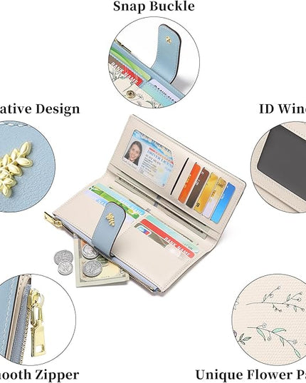 GAEKEAO Womens Wallet Slim Thin RFID Blocking Floral Vegan Leather Card Holder Bifold Long Ladies Wallet with Zipper Pocket