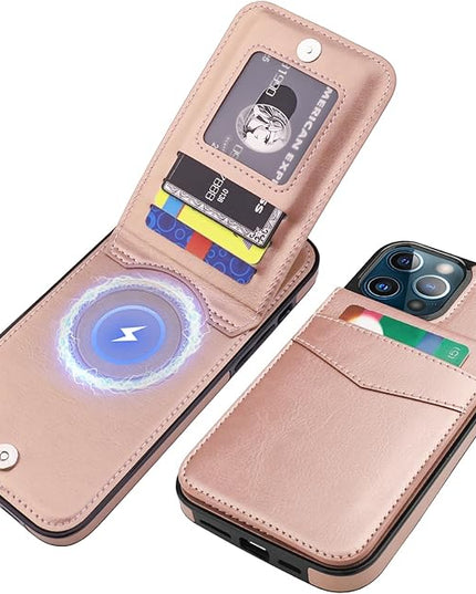 KIHUWEY for iPhone 13 Pro Max Case Wallet Compatible with MagSafe Wireless Charging, Credit Card Holder, RFID Flip Leather Magnetic Clasp Kickstand Heavy Duty Protective Cover 6.7 Inch (Rose Gold)