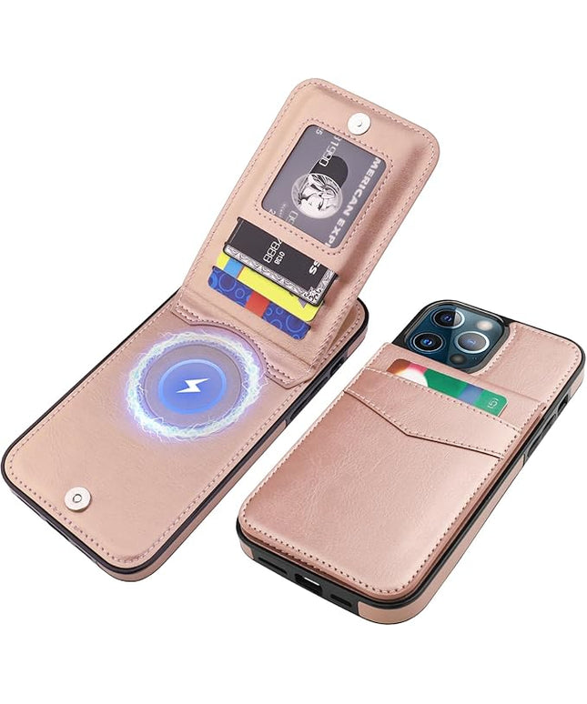 KIHUWEY for iPhone 13 Pro Max Case Wallet Compatible with MagSafe Wireless Charging, Credit Card Holder, RFID Flip Leather Magnetic Clasp Kickstand Heavy Duty Protective Cover 6.7 Inch (Rose Gold)