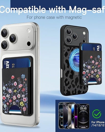 Stronger Magnetic Card Slot Wallet for iPhone 17/16/15/14/13/12 Series (Not for 13/12 Mini), Flower Pattern Hard Card Holder Fit 3 Cards Compatible with Magsafe Accessories, Black