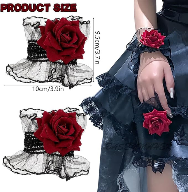 Gothic Rose Lace Gloves Hand Sleeve Black Lace Elastic Bracelet Wine Red Flower Wrist Cuff Dress Accessories for Women Girls Wedding Halloween Prom Masquerade Party Clothing 1 Pair