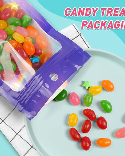 Funfery 300 Pack Smell Proof Resealable Bags for Food Storage,Holographic Bags 4x6 Purple Pink Mylar Clear Packaging Bag- Scent Proof for Cookies, Zip Foil Pouch for Small Business