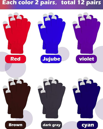 Pangda 12 Pairs Winter Touch Screen Gloves for Men Women Stretch Knitted Texting Gloves Warm Windproof Solid Color Mittens