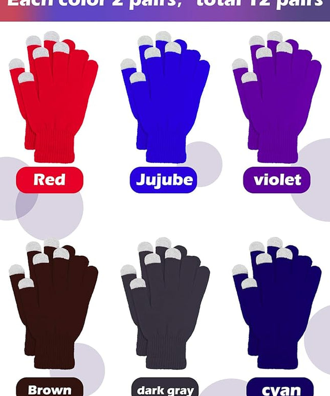 Pangda 12 Pairs Winter Touch Screen Gloves for Men Women Stretch Knitted Texting Gloves Warm Windproof Solid Color Mittens