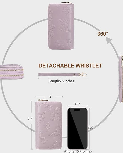 yiijay Womens Wallet RFID Blocking Large Capacity Leather Double Zip Wristlet Wallet Credit Card Phone Holder Ladies Clutch Purse Flora