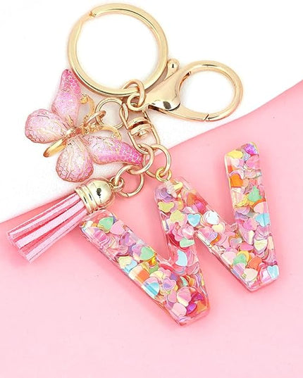 Fashion Alphabet Initial Letter Keychain Tassel Butterfly Pendant Key Ring for Purse Handbags Women Girl
