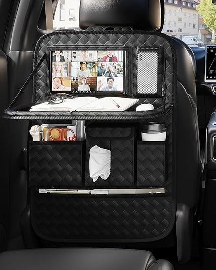 GMQ Back Seat Car Organizer 1 Pack,Backseat Organizer with Tray,Multifunctional Car Seat Back Storage Box with Foldable Tablet Holder (Black, Weave)