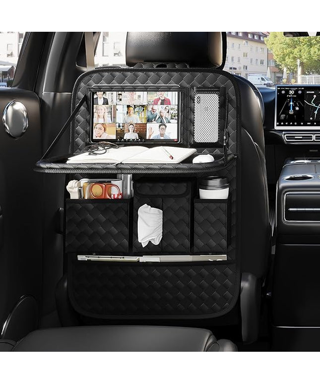 GMQ Back Seat Car Organizer 1 Pack,Backseat Organizer with Tray,Multifunctional Car Seat Back Storage Box with Foldable Tablet Holder (Black, Weave)