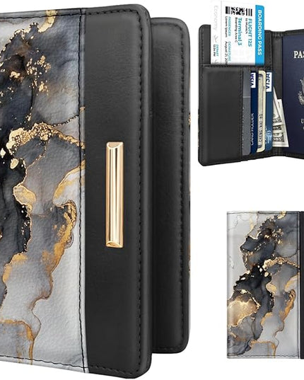 Passport Holder Cover Travel RFID Blocking Passport Cover Rose Gold Cute Flowers Passport Wallet with Elastic Band for Women