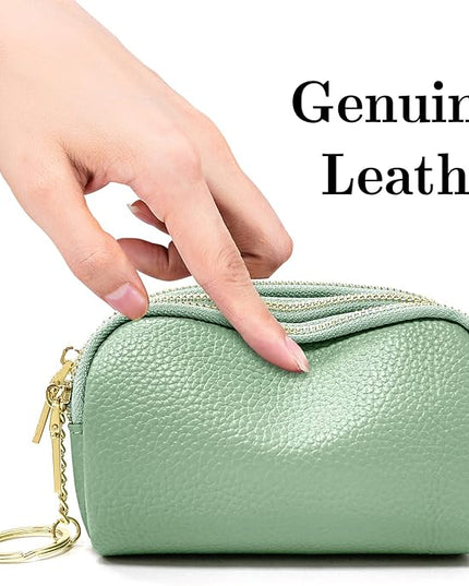 LINNO 3 Zippered Genuine Leather Coin Purse Triple Capacity Change Pouch Little Travel Wallet With Key Ring for Women