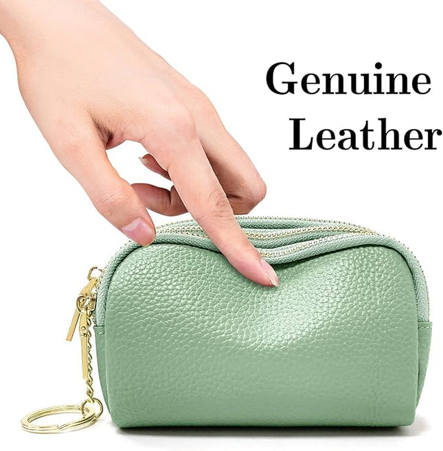 LINNO 3 Zippered Genuine Leather Coin Purse Triple Capacity Change Pouch Little Travel Wallet With Key Ring for Women