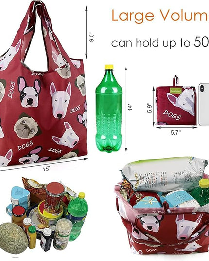 BeeGreen Heavy Duty Bulk Large Reusable Grocery Bags 6 Pack - Foldable Sturdy Recycled Cloth Animal Print Shopping Totes with Handles -Reusable Gifts Bags for Groceries, Travel, Storage & Women