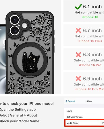 Cute Case for iPhone 16 Case with Stand [ Compatible with MagSafe ] Kawaii Black Cat & Floral & Butterflies Pattern Design 360 Magnetic Ring Kickstand Phone Cover for Women Girls Boys