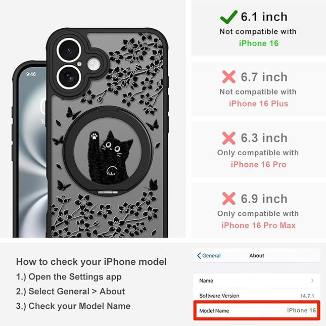 Cute Case for iPhone 16 Case with Stand [ Compatible with MagSafe ] Kawaii Black Cat & Floral & Butterflies Pattern Design 360 Magnetic Ring Kickstand Phone Cover for Women Girls Boys