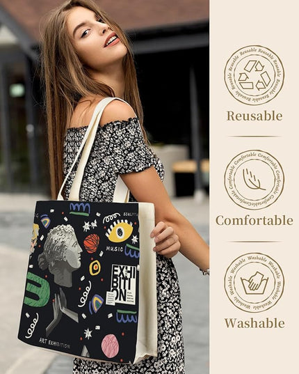 AUSVKAI Canvas Tote Bag Aesthetic for Women, Cute Reusable Bags with Pockets & Snaps for Beach Shopping College Gym Grocery