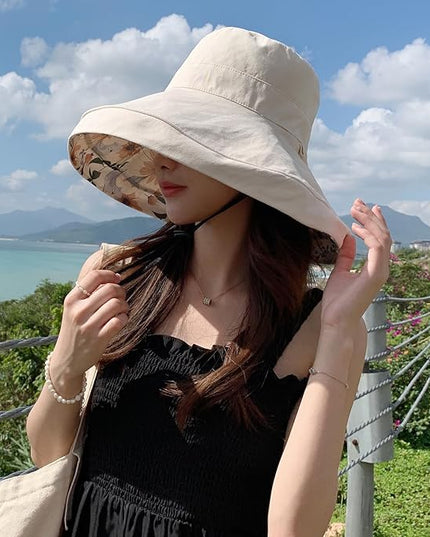 HUAMULAN Women Summer Sun Hat Wide Brim Wired Edge Floral Beach Bucket Hats Reversible Foldable Travel UV Protection Lady Hat