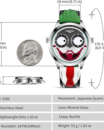 NIBOSI Watches for Men Analog Quartz Clown Dial Wrist Watches Unique Weird Fashion Cool Watch Waterproof Leather Strap Men's Watches