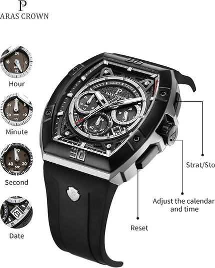 Paras Crown Watches for Men Tonneau 5ATM Waterproof Quartz Luxury Chronograph Analog Men's Wrist Watches Stainless Steel Case Mens Watches
