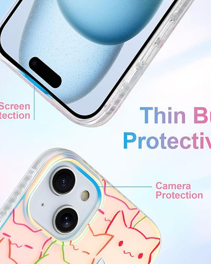 Cute Case for iPhone 15 Case for Women Girls Boys [ Compatible with Magsafe ] Iridescent and Black Cats Cat Pattern Design, Kawaii Colorful Animal Soft Bumper Protective Phone Cover