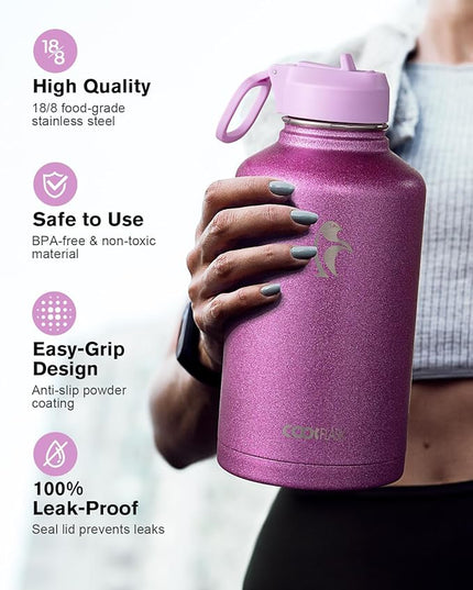 Coolflask Half Gallon Water Bottle Insulated with Straw & 3 Lids, 64 oz Water Jug Large Metal Stainless Steel Wide Mouth for Sports, Gym or Office, Non-BPA Keep Cold 48H Hot 24H, Glitter Pink