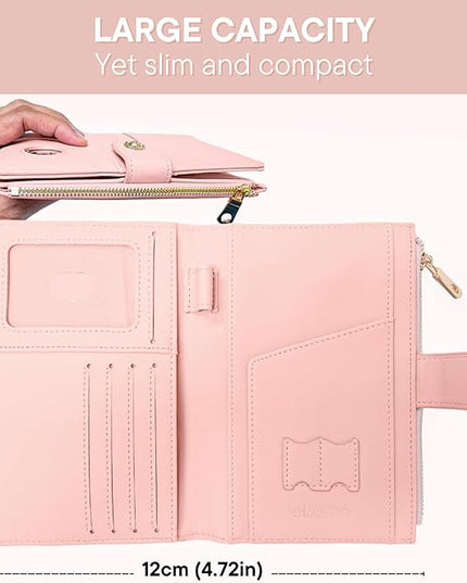elzama Passport Holder for Travel Women, RFID Passport Wallet with Zipper Pocket, Credit Card, Pen, Sim Card, Cash, Coins Holders, Travel Passport Wallet with Zipper, Pink
