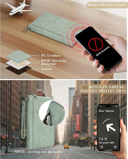 Family Passport Holder Wallet RFID Travel Document Organizer for Women Men, Portable Case Cover for Cards, Boarding Pass with Wrist & Neck Double Strap, Travel Christmas Gifts (Sage Green, 1pack)
