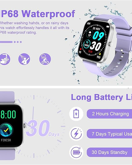 Smart Watch for Men Women Compatible with iPhone Samsung Android Phone 1.69 inch Full Touch Screen IP68 Waterproof Bluetooh Fitness Tracker Heart Rate/Sleep Monitor (Purple)