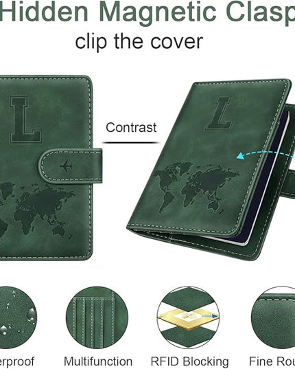 Personalized L Passport Holder Cover Initial Letter Travel Wallet RFID Blocking Passport Cover Credit Card Holder Case Passport Book Holders for Women and Men, Pine Green-L