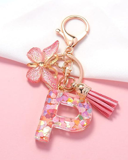 Fashion Alphabet Initial Letter Keychain Tassel Butterfly Pendant Key Ring for Purse Handbags Women Girl