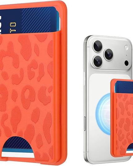 Stronger Magnetic Card Slot Wallet for iPhone 17/16/15/14/13/12 Series (Not for 13/12 Mini), Cheetah Leopard Pattern Hard Card Holder Fit 3 Cards Compatible with Magsafe Accessories, Orange