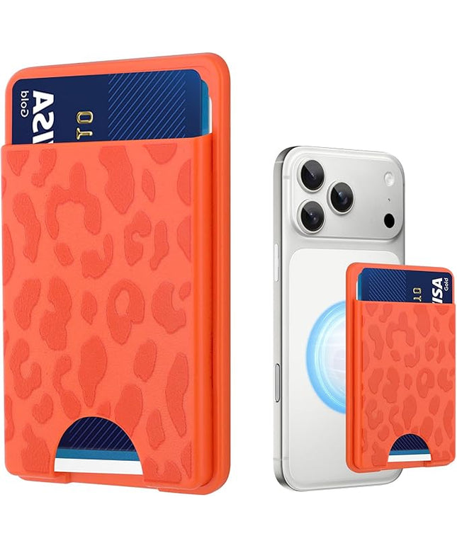 Stronger Magnetic Card Slot Wallet for iPhone 17/16/15/14/13/12 Series (Not for 13/12 Mini), Cheetah Leopard Pattern Hard Card Holder Fit 3 Cards Compatible with Magsafe Accessories, Orange