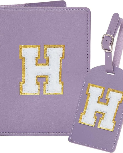 Initial Passport Cover Holder and Luggage tag Set,PU Leather Passport Case Travel Suitcase Tag with Letter Patch, Personalized Travel Luggage Accessories Gifts for Women Grils Teenage Purple Letter H