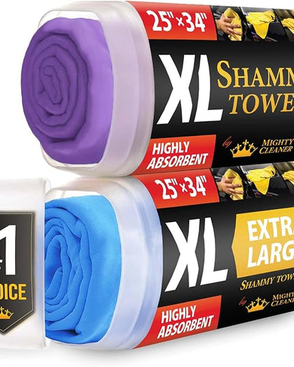 Premium XL Shammy Towel for Car - 2pk (34”x25”) - Super Absorbent Chamois Cloth - Spots & Scratch-Free - Reusable Car Drying Towels