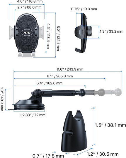 HTU 【Military-Grade Suction】 Cell Phone Holder for Car【Flexible Telescopic Arm】 Car Phone Mount Stand for Dashboard Windshield for iPhone 17 16 Pro Max 15 14 13 12 Samsung Truck Jeep, Black