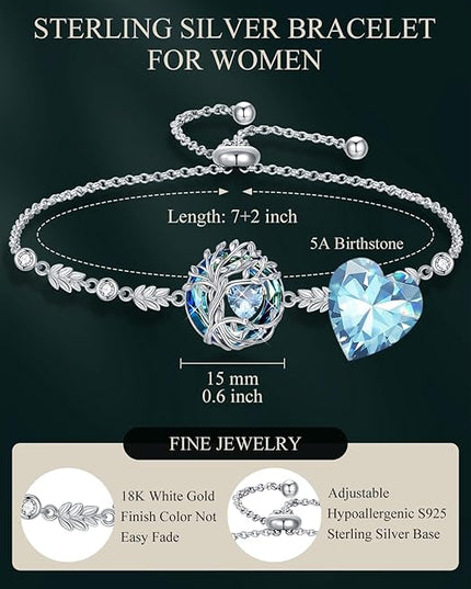 TOUPOP Tree of Life Birthstone Bracelet 925 Sterling Silver Family Tree Austrian Crystal Jewelry Anniversary Birthday Christmas Gifts for Women Wife Girlfriend Her