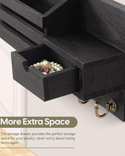 FifthQuarter Key and Mail Holder for Wall, Mail Organizer Wall Mount with 6 Hooks and Storage Drawer, Easy Installation Key Rack for Entryway and Home Decor (A-Black)