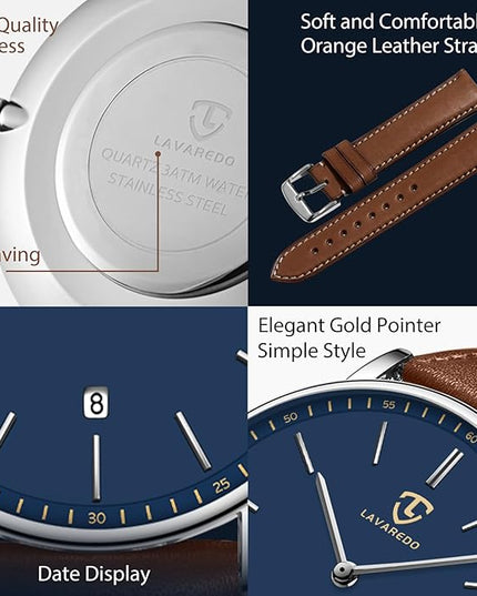 L LAVAREDO Watch for Men, Extremely Thin Mens Watches Minimalist Analog Men's Leather Wrist Watches with Time/Date, Birthday Gift for Men Boyfriend