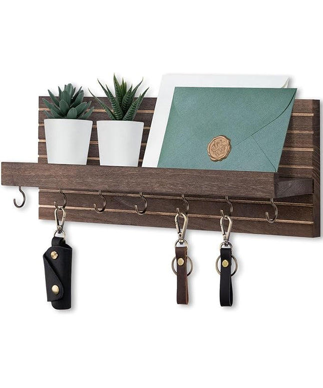 Lwenki Decorative Key Holder for Wall with Shelf, Entryway Shelf with Hooks Holds Leashes, Jackets and Glasses – Sturdy Wood Keyholder Entrance Hanger with Mounting Hardware (Brown, Large)
